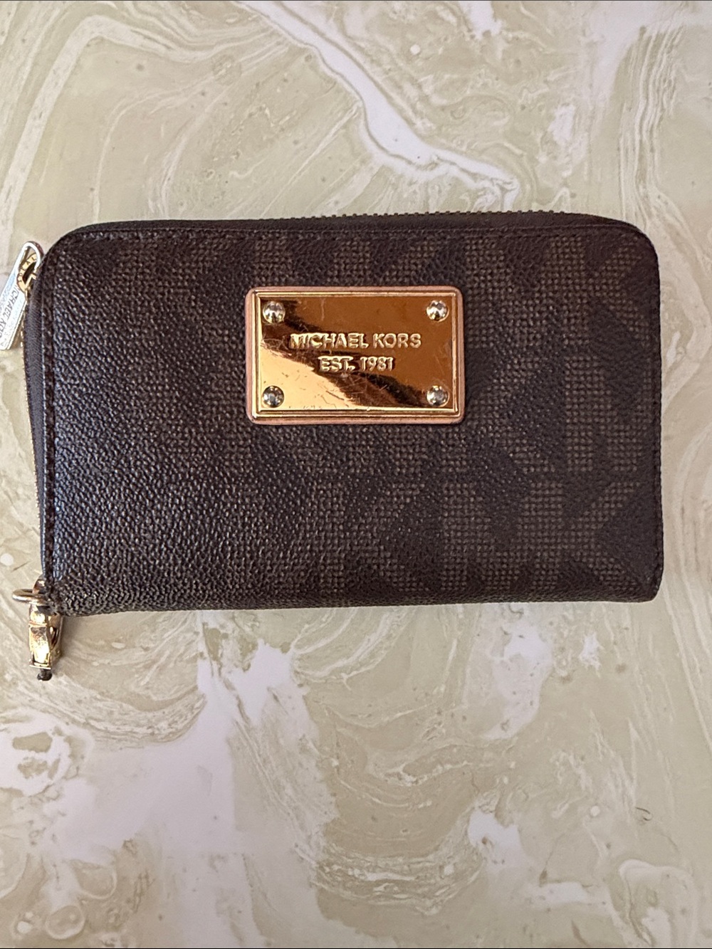 Michael Kors Brown Logo Zip Around Wallet with Gold Plate